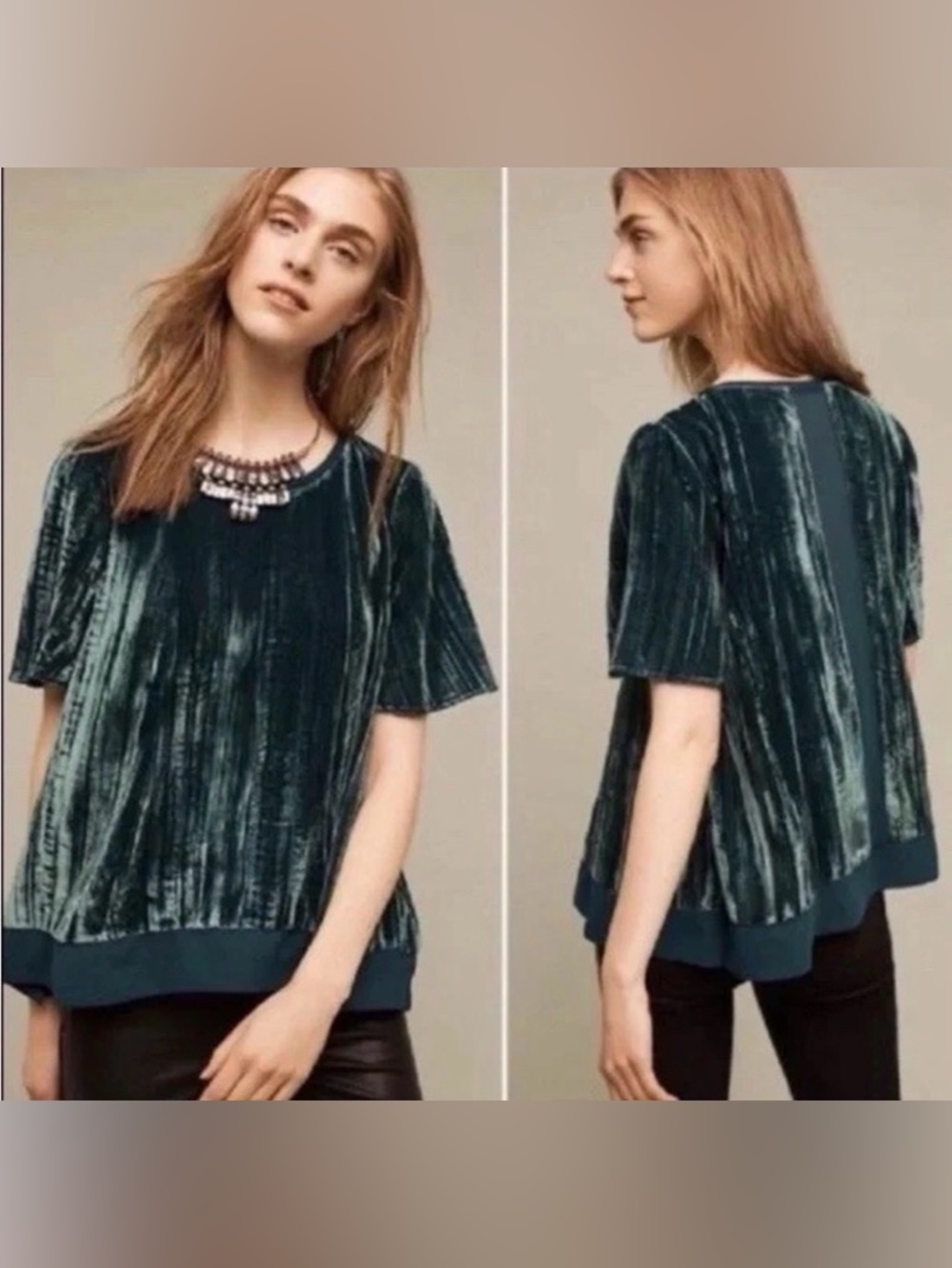 Maeve flowy witchy whimsical Velvet Short-Sleeve Top in Deep green- xs